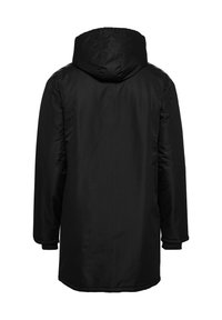 Sort lang parka jakke med hætte, der har en glat stofstruktur og elastiske manchetter, designet til at beskytte mod koldt vejr.