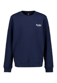 Sudadera azul marino con cuello redondo, puños y dobladillo acanalados. Presenta una impresión blanca que dice "Brooklyn Grill & Roll" en la parte frontal.