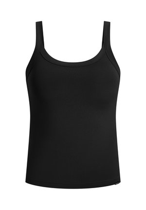 Top aderente senza maniche di colore nero, realizzato in tessuto liscio, con scollatura arrotondata, spalline sottili e silhouette attillata. Nessun motivo visibile.