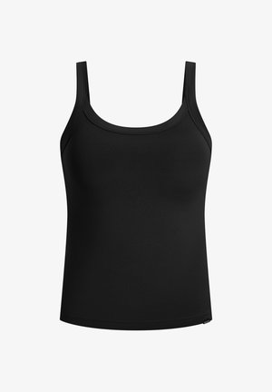 Débardeur noir sans manches en tissu lisse, avec un décolleté arrondi, des bretelles fines et une coupe ajustée. Aucune motif visible.