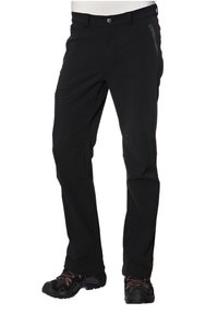 Svarta utomhusbyxor i hållbart material med rak ben-design, främre dragkedjeficka och synliga sömnadsdetaljer. Bärs med svarta skor.