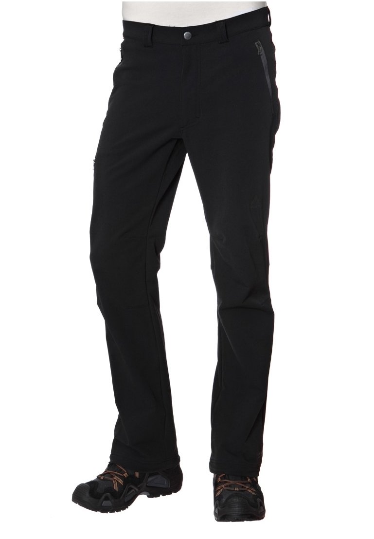Svarta utomhusbyxor i hållbart material med rak ben-design, främre dragkedjeficka och synliga sömnadsdetaljer. Bärs med svarta skor.