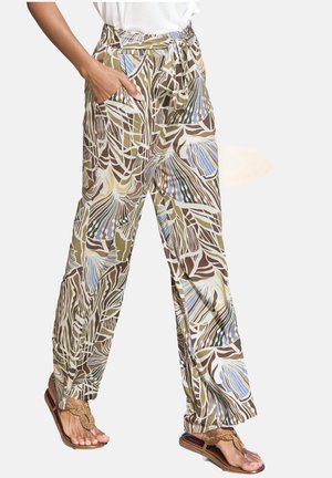 Lightweight, patterned trousers in earthy tones of brown, green, and blue. Features a relaxed fit, elastic waistband, and side pockets.