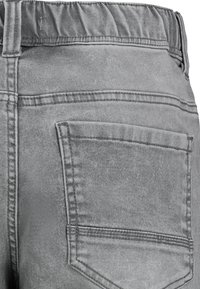 Gray denim shorts featuring a gathered elastic waistband, rear pockets, and stitched detailing, with a slightly textured surface.
