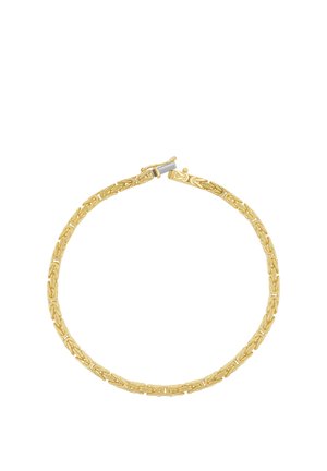 Goldenes Kettenarmband mit kunstvoll ineinandergreifenden Gliedern und sicherem Verschluss, vor weißem Hintergrund präsentiert.