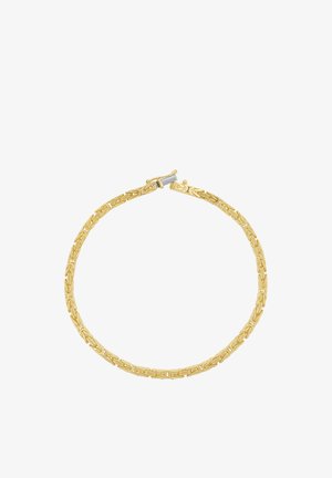 Goldenes Kettenarmband mit kunstvoll ineinandergreifenden Gliedern und sicherem Verschluss, vor weißem Hintergrund präsentiert.