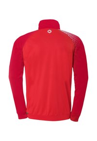 Red athletic jacket with a high collar, long sleeves, and patterned detailing on the upper back. Made from smooth, lightweight fabric.