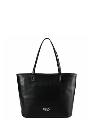 Borsa tote in pelle nera con due spalline e logo Liu Jo Milano argentato al centro davanti.