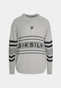 Gray knit sweater with black stripes and "SIKSILK" text. Features a round neckline and slight texture, with an embroidered logo on the chest.