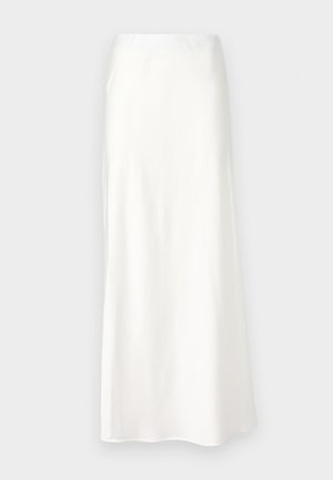 Baltas, satīna svārki ar gludu tekstūru, vidēja garuma, A formas, ar elastīgu vidukļa joslu un bez redzamām rakstām vai rotājumiem.