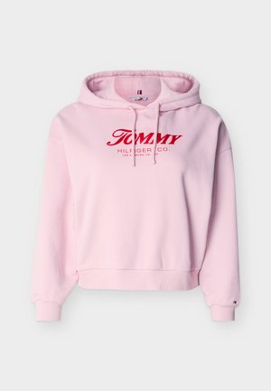 Világos rózsaszín kapucnis pulóver piros "Tommy Hilfiger Co. Los Angeles, CA, USA" felirattal, húzózsinóros kapucnival, bordázott mandzsettákkal és szegéllyel.