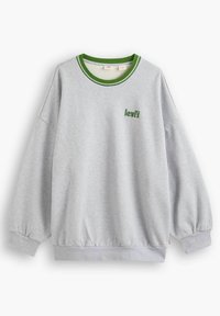 Grå sweatshirt med grön ribbad krage, avslappnad passform och elastiska muddar. Har en liten grön Levi's-logotyp framtill. Mjuk tyg.