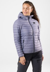 Light purple puffer jacket with a hood, featuring horizontal stitching, zippered side pockets, and a small logo on the chest.