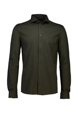 Donkergroene lange mouw shirt met een knoopsluiting aan de voorkant. Gemaakt van een soepele stof, met een klassieke kraag en zwarte knopen.