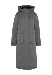 Parka longue grise avec capuche, présentant une texture lisse, une fermeture éclair sur le devant, de grandes poches à rabat et des poignets élastiques. Intérieur doublé pour réchauffer.