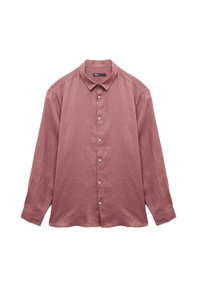Camisa de botón de manga larga en un color malva suave. Fabricada con una tela ligera, con un cuello informal y una textura sutil, presenta botones en el frente.