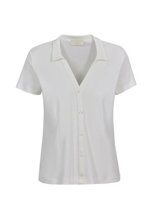 Camicia bianca a maniche corte con bottoni, collo a V, cinque bottoni sul davanti e taglio aderente.