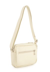 Cremfarbener Leder-Schultertasche mit strukturierter Oberfläche, rechteckiger Form, verstellbarem Tragegurt und einer vorderen Reißverschlusstasche.