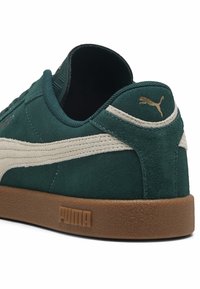 Baskets en daim vert avec une bande beige, un talon arrondi et une semelle en caoutchouc marron. Présentent un logo doré sur le talon et des accents texturés.