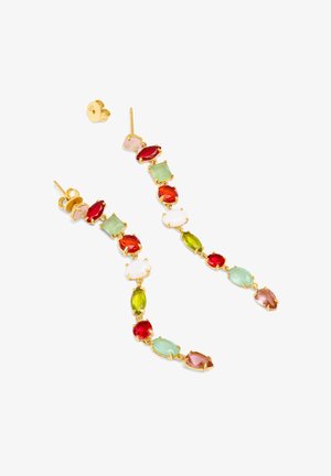 Orecchini in tonalità oro con un insieme di pietre colorate in rosso, verde, bianco e rosa, dal design leggero e pendente.