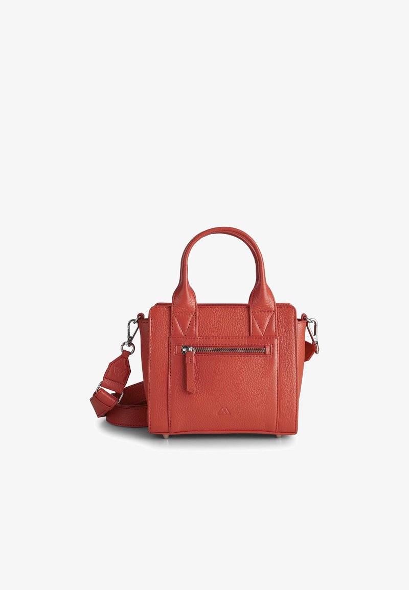 Petit sac à main en cuir rouge avec double poignée, poche zippée à l'avant et bandoulière amovible, posé sur fond blanc.