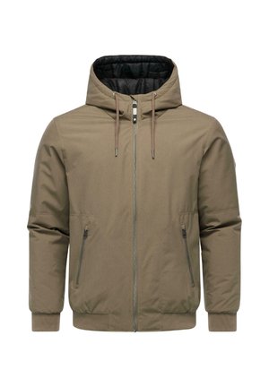 Bruine hooded jacket met een gladde buitenkant, zilveren rits, twee voorkruiszakken, ribgebreide manchetten en een zwart gewatteerd interieur.