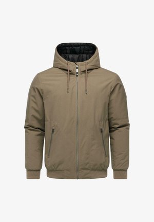 Bruine hooded jacket met een gladde buitenkant, zilveren rits, twee voorkruiszakken, ribgebreide manchetten en een zwart gewatteerd interieur.