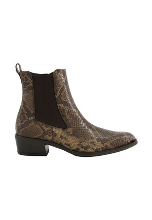 Ankle-high brown Chelsea boot with snakeskin texture, black elastic side panels, a loop at the heel, and a low block heel.