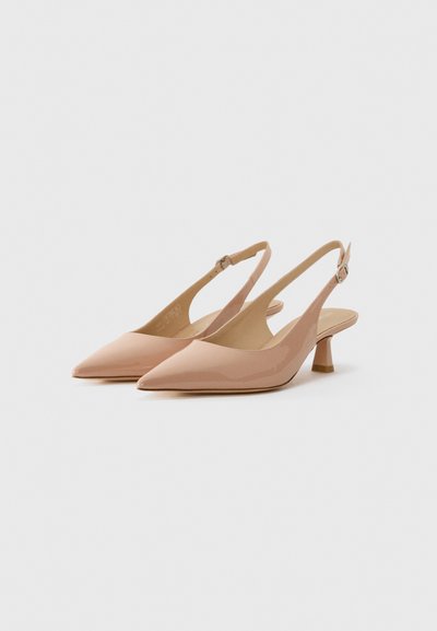 Slender slingback heels in soft pink patent leather with pointed toes and a curved, low block heel. Minimalist design, no visible patterns.