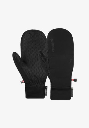 Schwarze isolierte Fäustlinge mit strukturiertem Griff auf den Handflächen, elastischen Bündchen und Markenlogo. Hergestellt aus wasserdichtem Material zum Schutz bei kaltem Wetter.