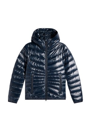 Mørkeblå skinnende quiltet jakke med hætte, lynlåslukning foran, lange ærmer og to lynlåslommer i siderne.