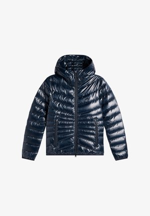 Donkerblauwe glanzende gewatteerde jas met capuchon, ritssluiting aan de voorkant, lange mouwen en twee zijzakken met rits.