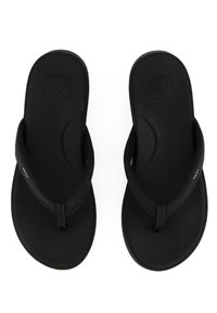 Black flip-flops with a textured footbed and flexible straps. Features minimal branding on the strap and a simple, flat sole design.