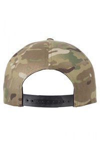 Kamuflagekasket med en rund krone, stof i nuancer af brun og grøn, samt en sort justerbar snapback lukning.