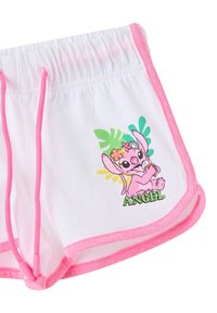Pantaloni corti bianchi con bordi rosa e cordino. Presentano un design stampato colorato di un personaggio dei cartoni animati e foglie tropicali.
