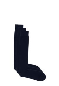 Calze alla moda lunghe fino al ginocchio, colore blu navy, polsino a coste, trama liscia, materiale elastico, tre paia mostrati con un design e una forma uniformi.