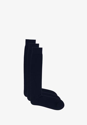 Calze alla moda lunghe fino al ginocchio, colore blu navy, polsino a coste, trama liscia, materiale elastico, tre paia mostrati con un design e una forma uniformi.