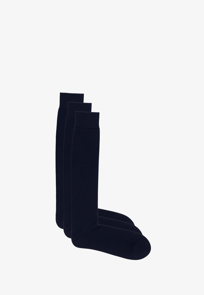 Calze alla moda lunghe fino al ginocchio, colore blu navy, polsino a coste, trama liscia, materiale elastico, tre paia mostrati con un design e una forma uniformi.