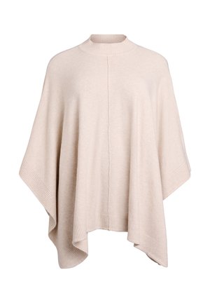Beige poncho made of soft knit material, featuring a high neck, loose fit, and ribbed accents along the edges. No visible fastenings.