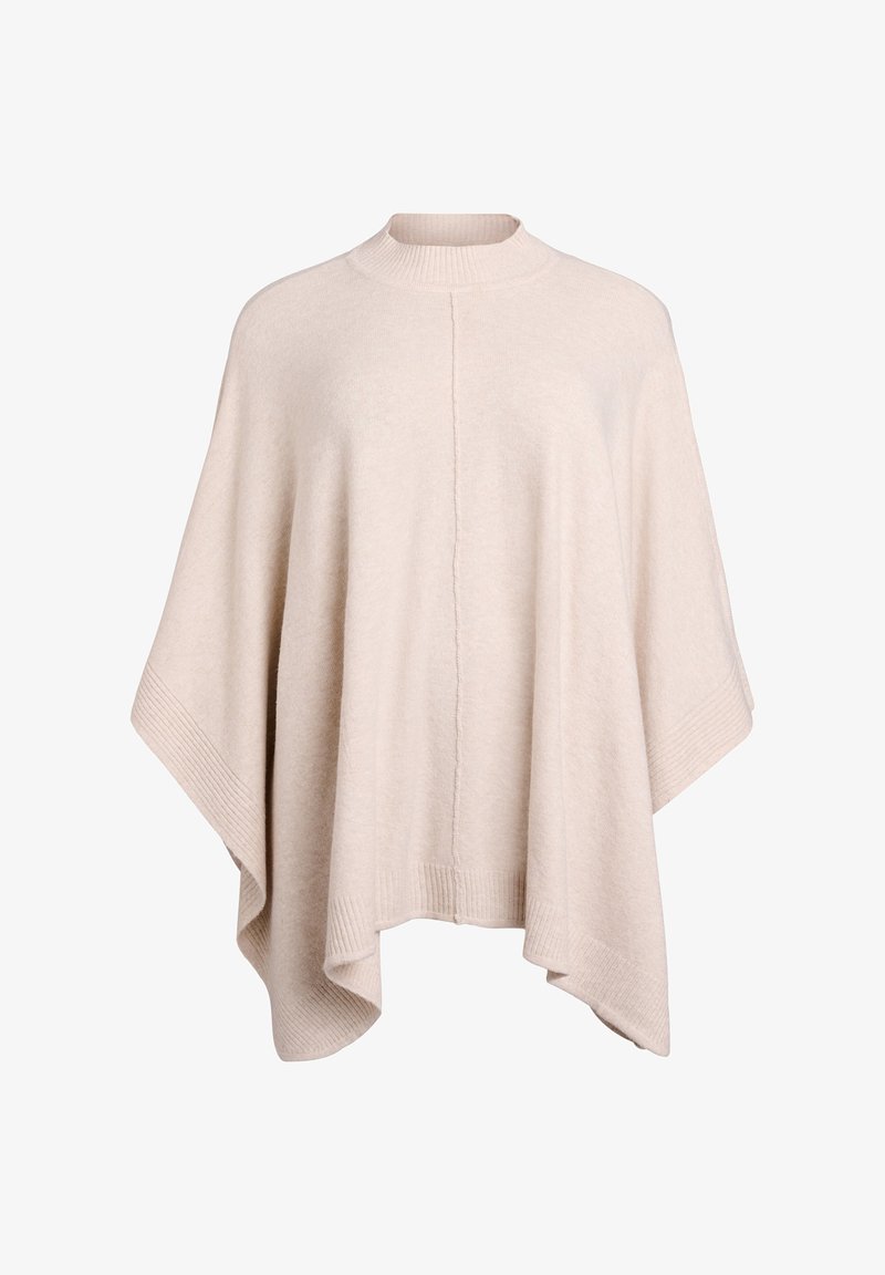 Beige poncho gemaakt van zacht gebreid materiaal, met een hoge hals, een losse pasvorm en geribbelde accenten langs de randen. Geen zichtbare sluitingen.