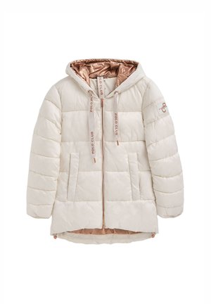 Cremefarvet quiltet jakke med hætte, rosaguldforing og lynlås, "Polo Club"-logo på snorene og knaphulsmærke på venstre ærme.