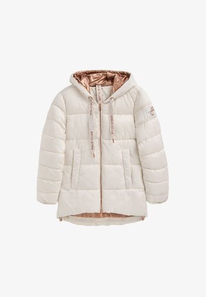 Cremefarvet quiltet jakke med hætte, rosaguldforing og lynlås, "Polo Club"-logo på snorene og knaphulsmærke på venstre ærme.
