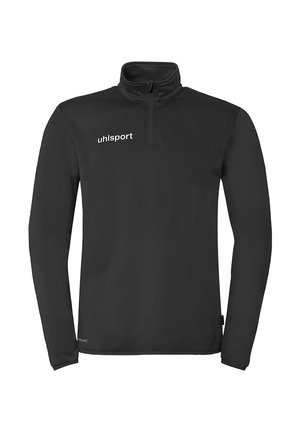 Pullover sportivo nero a maniche lunghe con cerniera a quadrante, collo alto e logo bianco "uhlsport" sul petto a sinistra.