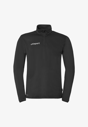 Pullover sportivo nero a maniche lunghe con cerniera a quadrante, collo alto e logo bianco "uhlsport" sul petto a sinistra.
