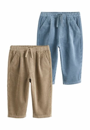 Twee paar geribde ribfluwelen broeken voor kinderen, één beige en één blauw, beide met elastische taillebanden en voorzakken.