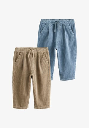 Zwei Paar gerippte Cordhosen für Kinder, einmal beige und einmal blau, beide mit elastischem Bund und Vordertaschen.