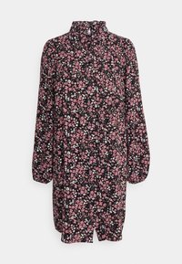Schwarzes Blumenkleid mit langen Puffärmeln, hohem Kragen und Knopfdetail, das kleine rosa und weiße Blumen auf einem dunklen Hintergrund zeigt.
