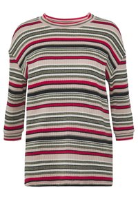 Pruhovaný svetr s žebrovanou texturou, v barvách jako béžová, červená, zelená a černá. S rozšířenými rukávy a kulatým výstřihem.