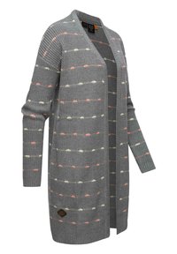 Cardigan grigio in maglia con apertura frontale, maniche lunghe e strisce orizzontali multicolori in rosso, crema e blu. Presenta una patch con logo.
