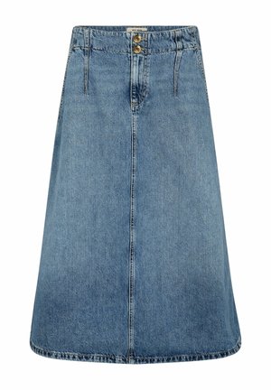 Niebieska, dżinsowa spódnica do kolan z przednim szwem, dwoma złotymi guzikami i subtelnym przeszyciem przy przednich kieszeniach.